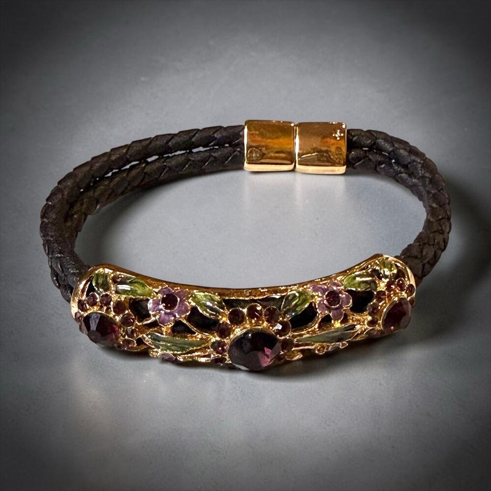 Boho Fairycore Braided Bracelet Women Gold Tone Purple Glass Jewels Floral 7.25”